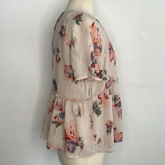 Lucky Brand Crinkly Pink Green Floral Print chiffon coquette Babydoll Blouse Med - Picture 4 of 9